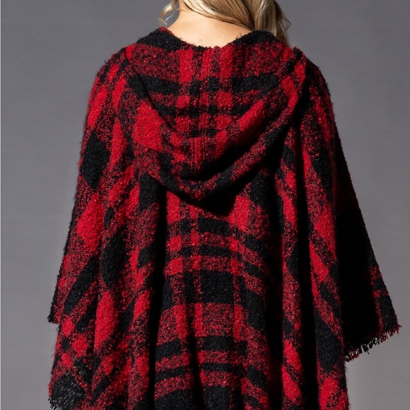 Plaid Red Black Hood Shawl NWT - Picture 6 of 8